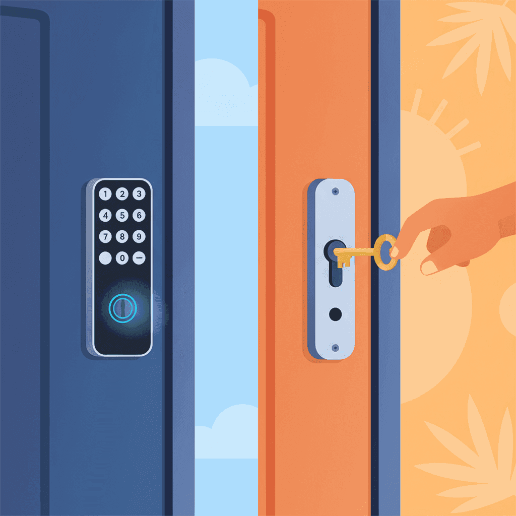 Ilustración de una puerta de vivienda turística con cerradura inteligente y una llave física, comparando check-in remoto y presencial