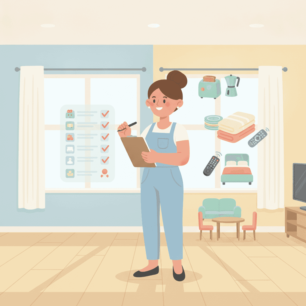 Ilustración plana de un propietario haciendo inventario de una vivienda turística con checklist y objetos organizados