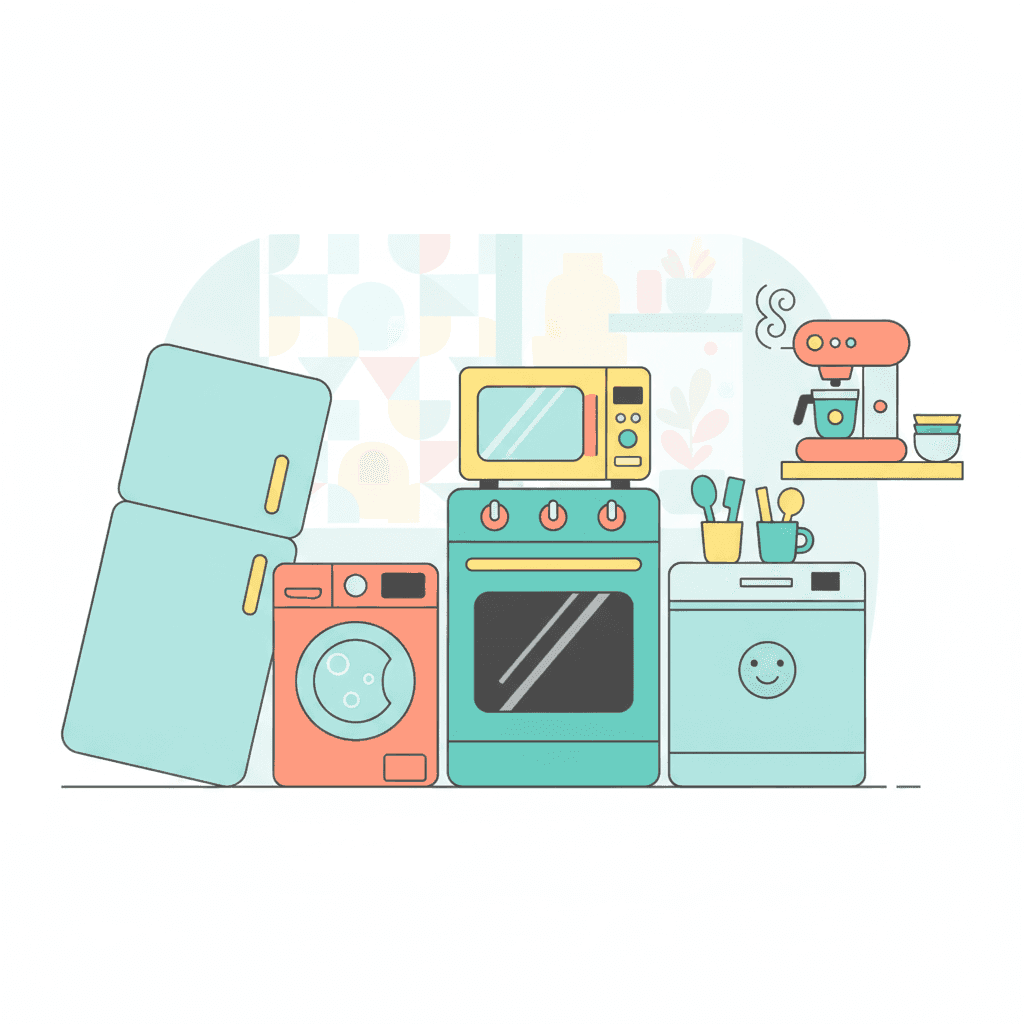 Ilustración plana de una cocina moderna de vivienda turística con frigorífico, lavadora, horno y cafetera
