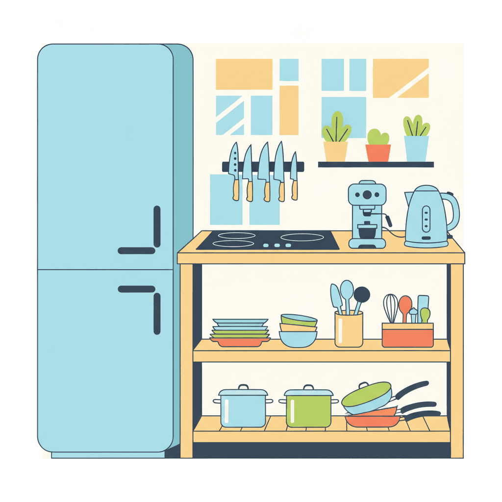 Flat illustration of a vacation rental kitchen equipped with appliances, utensils, and basic tableware