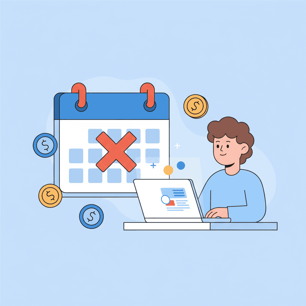 Ilustración de un calendario con una reserva cancelada y un anfitrión gestionando la situación con calma