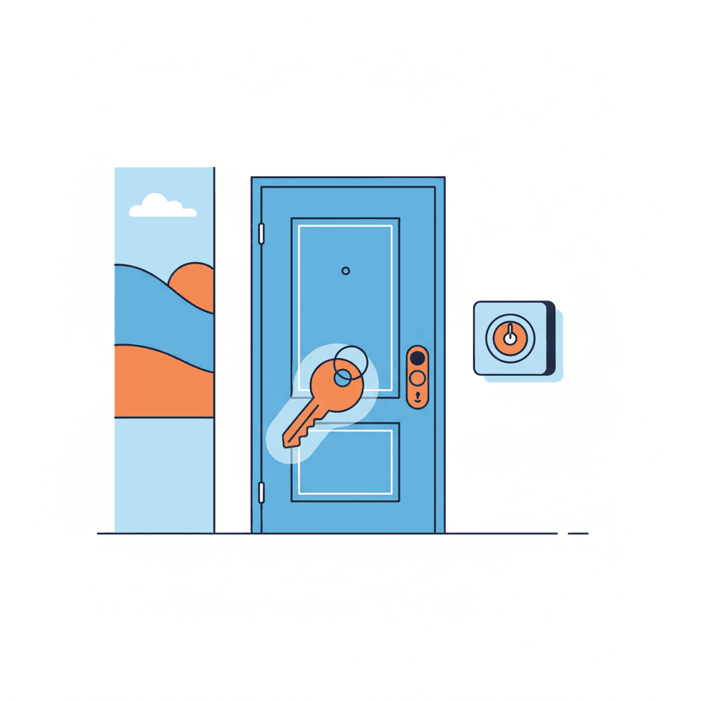 Ilustración plana de una llave, una cerradura inteligente y una caja de seguridad junto a una puerta de vivienda turística