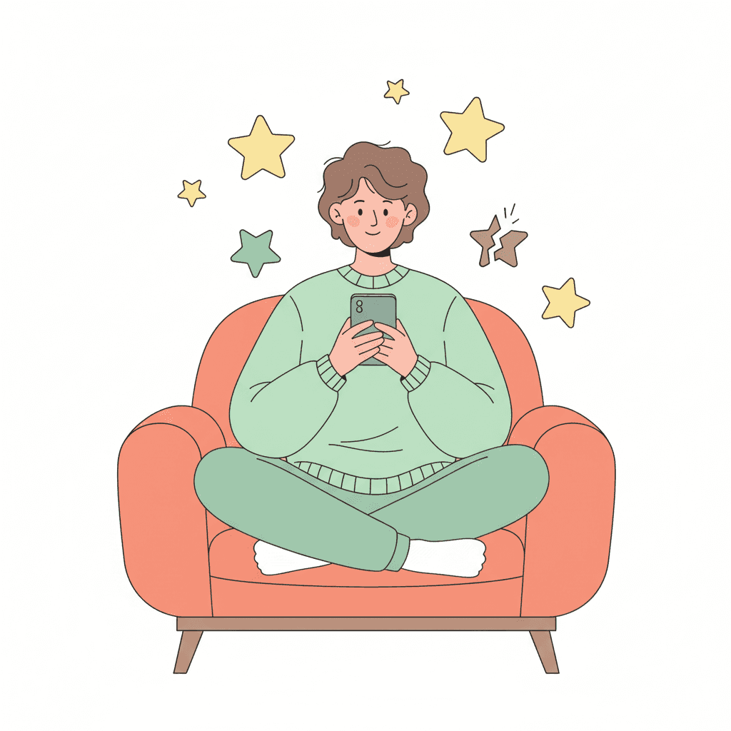 Ilustración de un anfitrión leyendo reseñas en su móvil con cara tranquila mientras unas estrellas flotan a su alrededor
