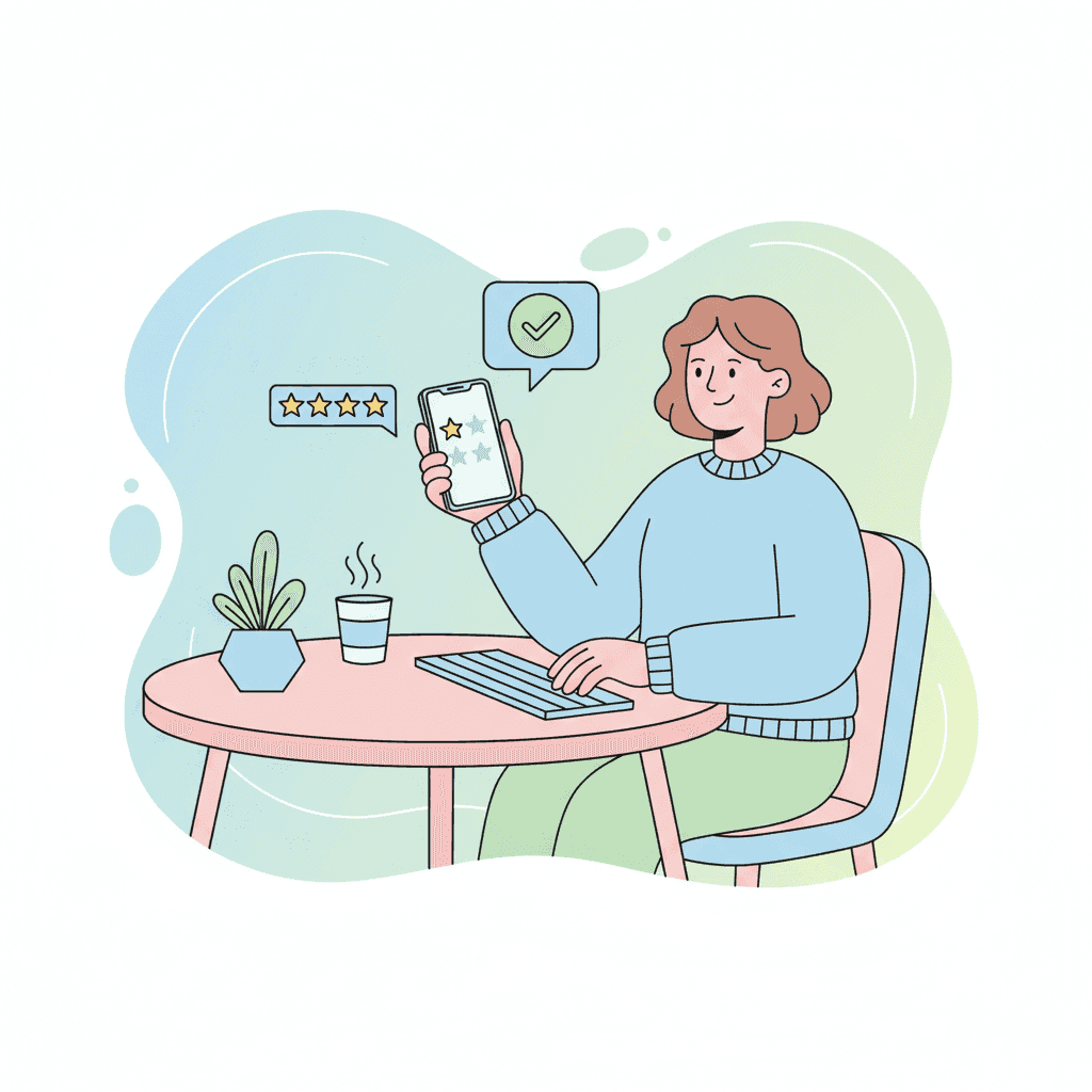Ilustración plana de un propietario respondiendo con calma a una reseña negativa en su móvil