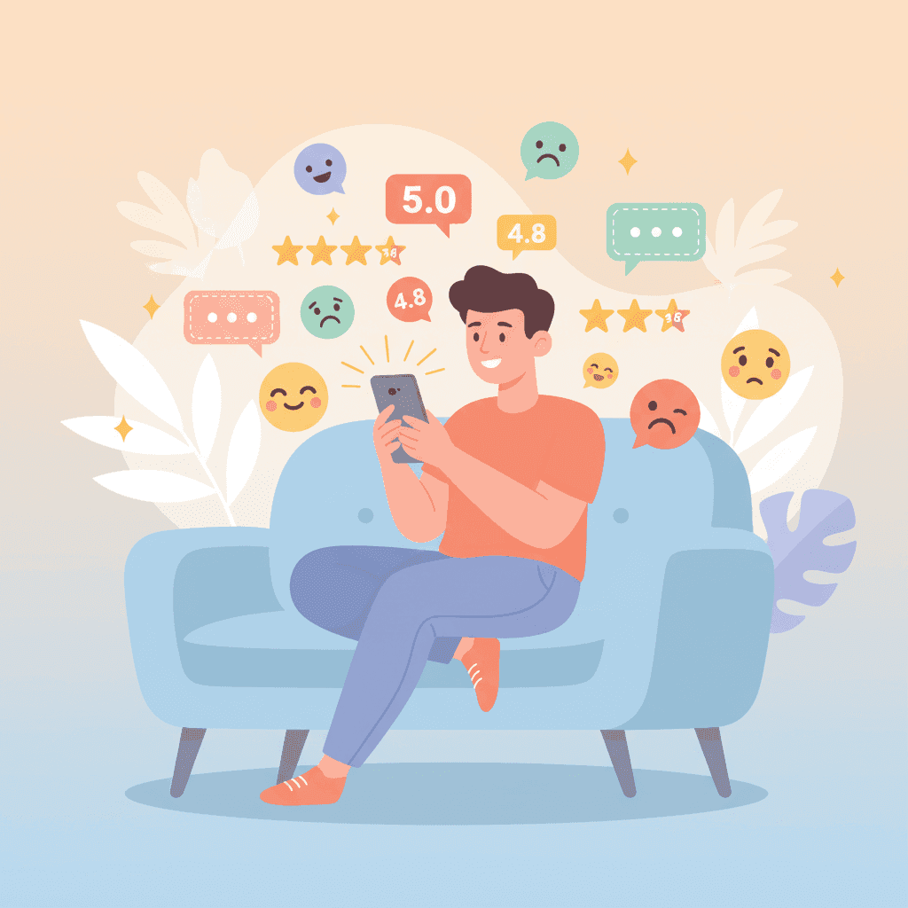 Ilustración de un anfitrión leyendo reseñas en su móvil con caras sonrientes y tristes flotando alrededor