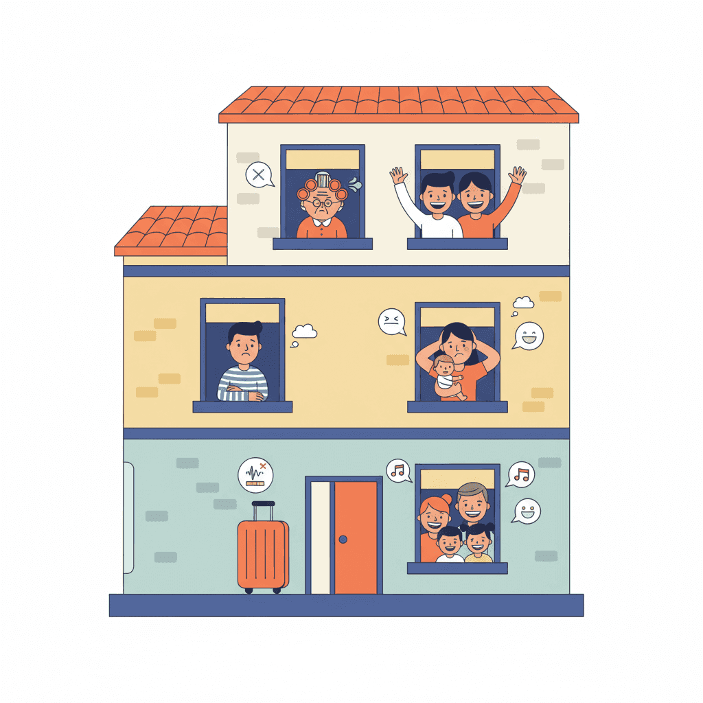 Ilustración plana de un edificio de pisos con vecinos asomándose por las ventanas y maletas en la entrada