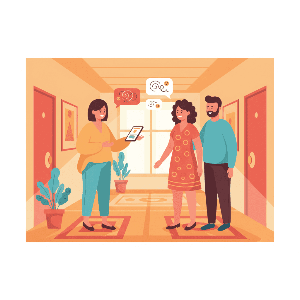 Ilustración de un propietario hablando amigablemente con vecinos en el portal de un edificio