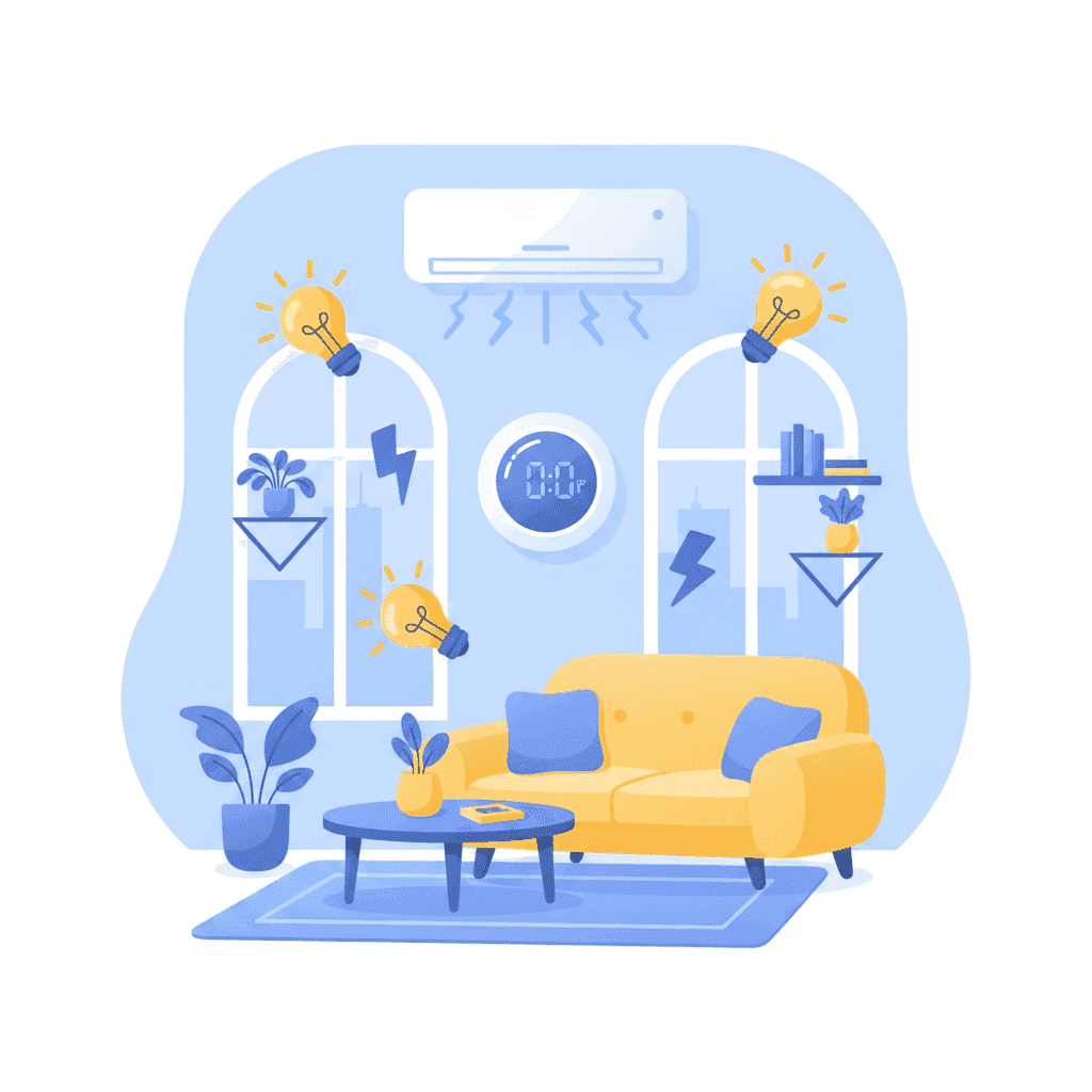 Ilustración de una vivienda turística con un termostato inteligente y enchufes flotando alrededor
