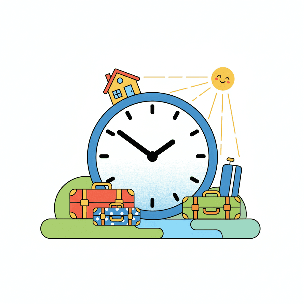 Ilustración de un reloj con maletas representando entrada anticipada y salida tardía en una vivienda turística