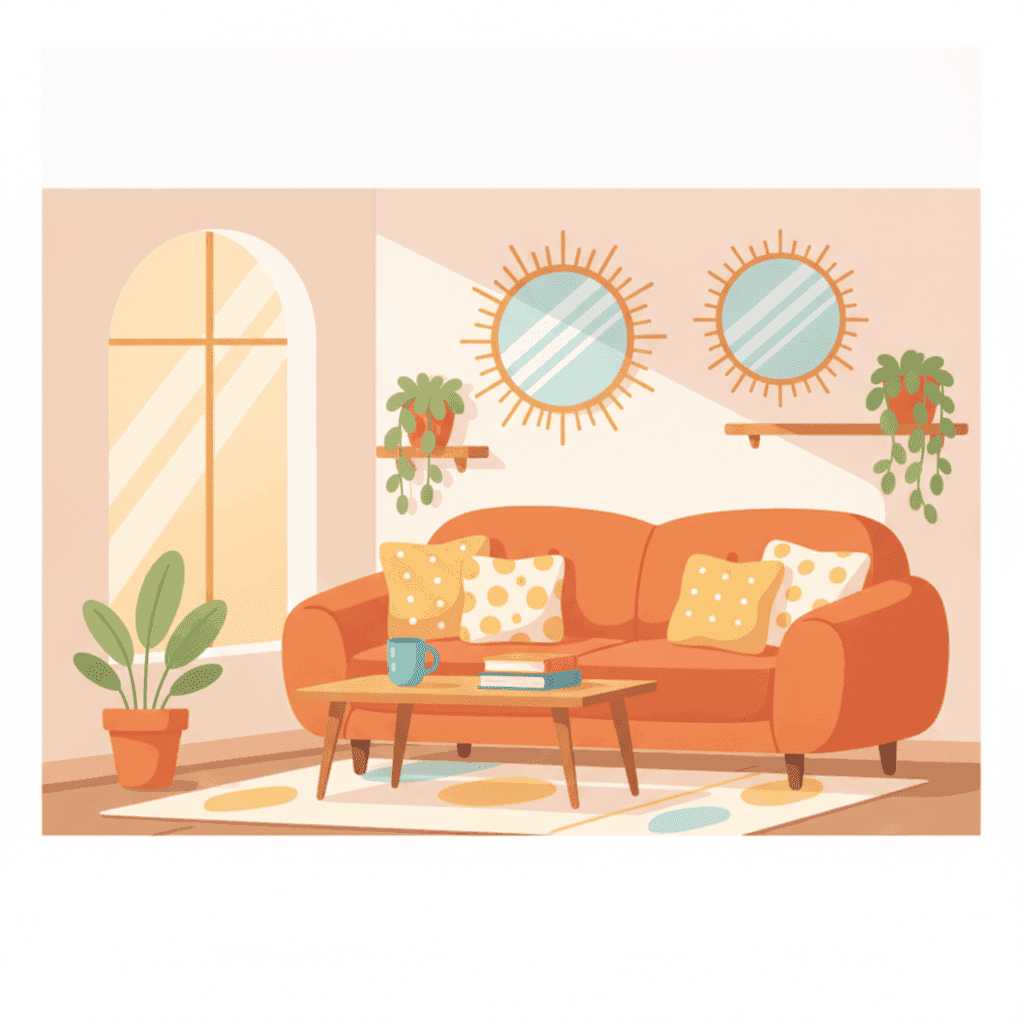 Flat illustration of a vacation home living room with decorative mirrors reflecting the window light