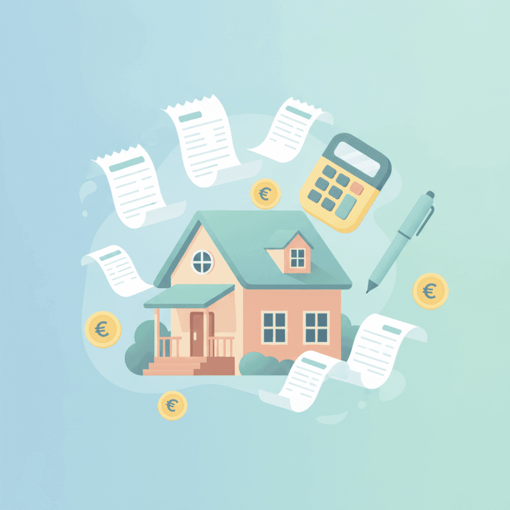 Ilustración de facturas y recibos para vivienda turística con calculadora y documentos