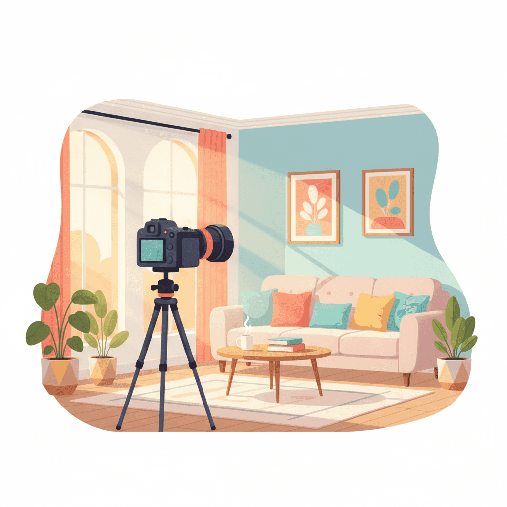 Ilustración de una cámara de fotos delante de una vivienda turística con muebles bonitos y luz natural entrando por las ventanas