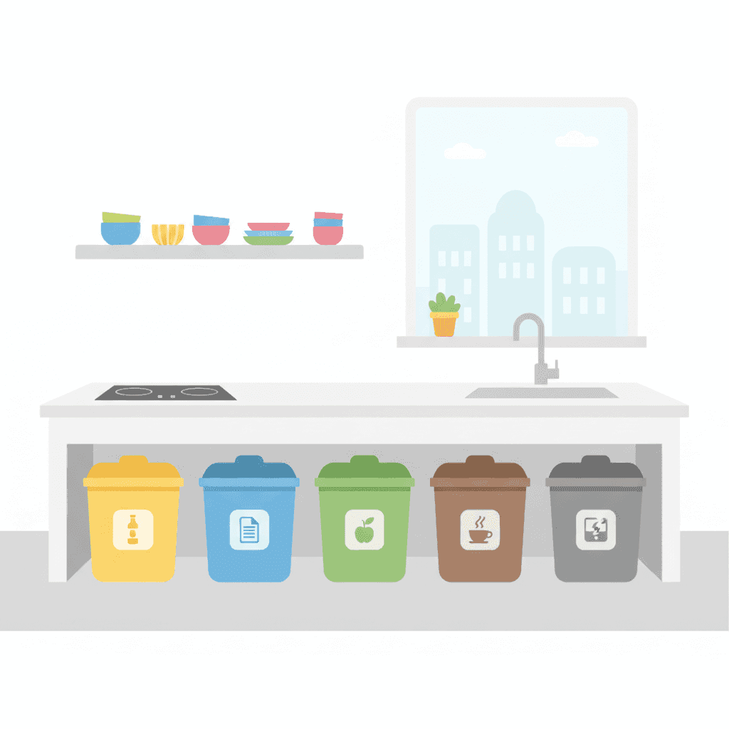 Ilustración de cubos de reciclaje de colores en una cocina de vivienda turística