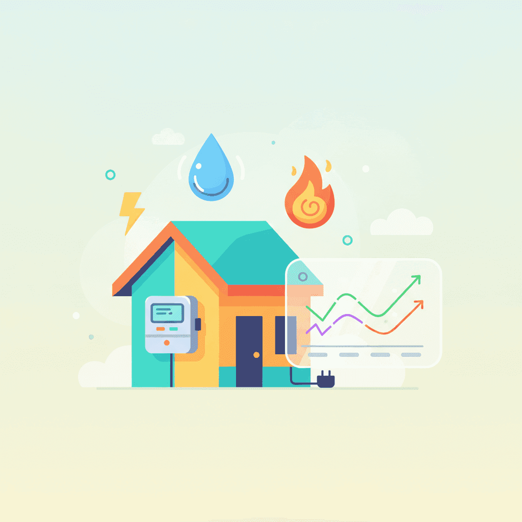 Ilustración de una vivienda turística con iconos de luz, agua y gas y un medidor de consumo