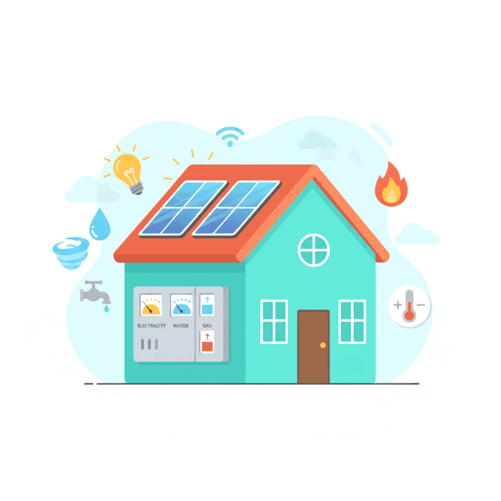 Ilustración de una casa turística con contadores de luz, agua y gas mostrando consumos, con símbolos de ahorro energético