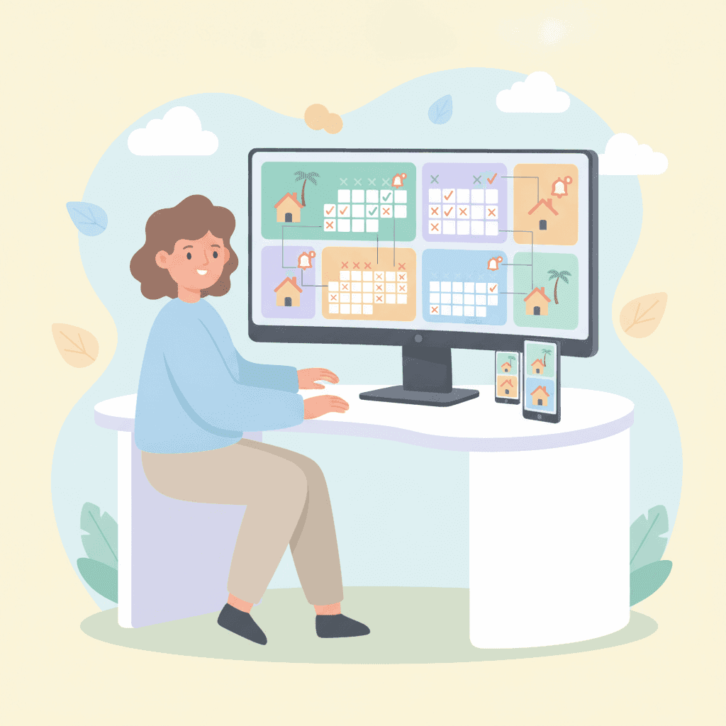 Ilustración de un propietario gestionando varias viviendas turísticas con paneles y calendarios