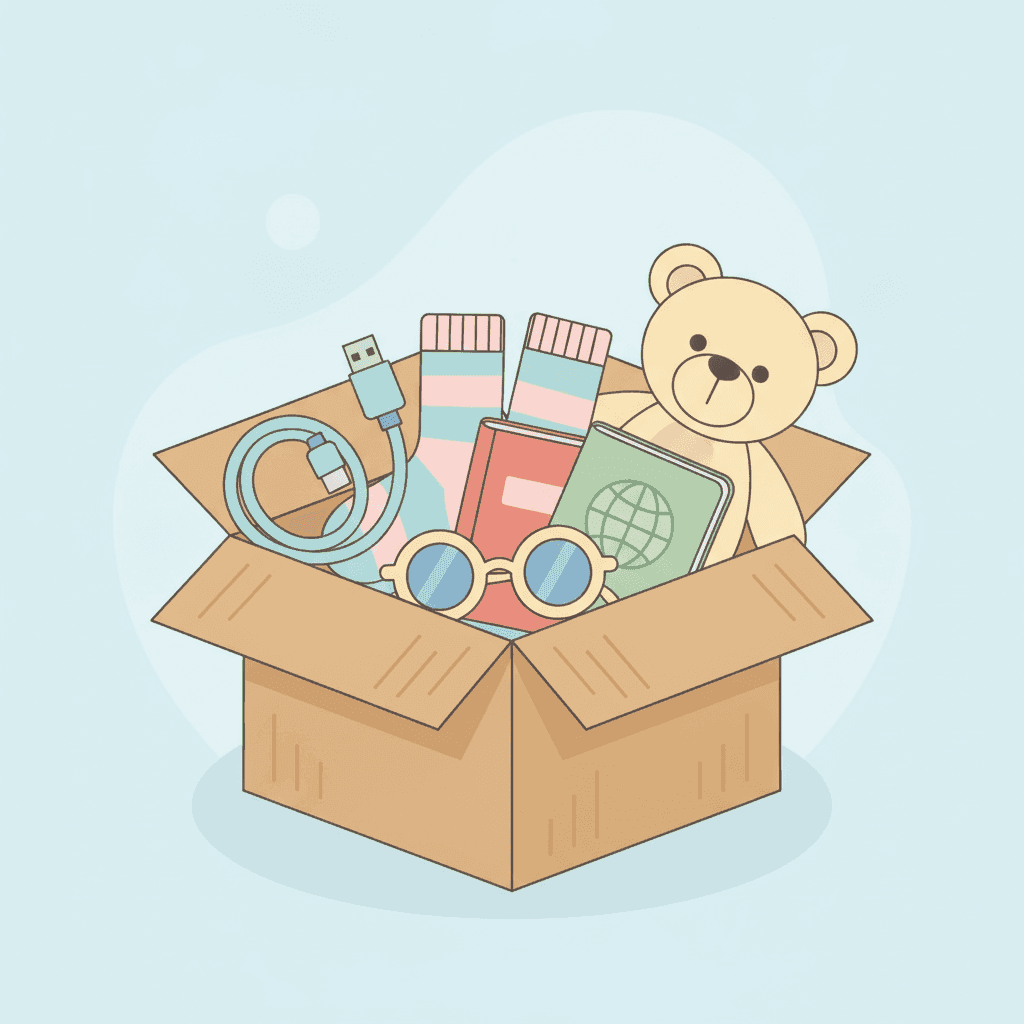 Ilustración plana de una caja con objetos perdidos en una vivienda turística: cargador, gafas de sol, calcetines y un pasaporte