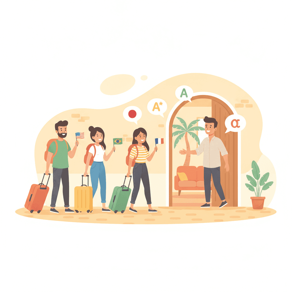 Ilustración de una vivienda turística con huéspedes de diferentes nacionalidades llegando con maletas y banderas