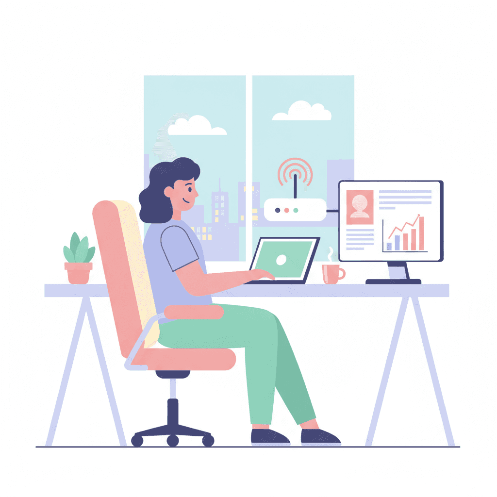 Ilustración de un nómada digital trabajando con portátil en una vivienda turística con buen WiFi y espacio de trabajo