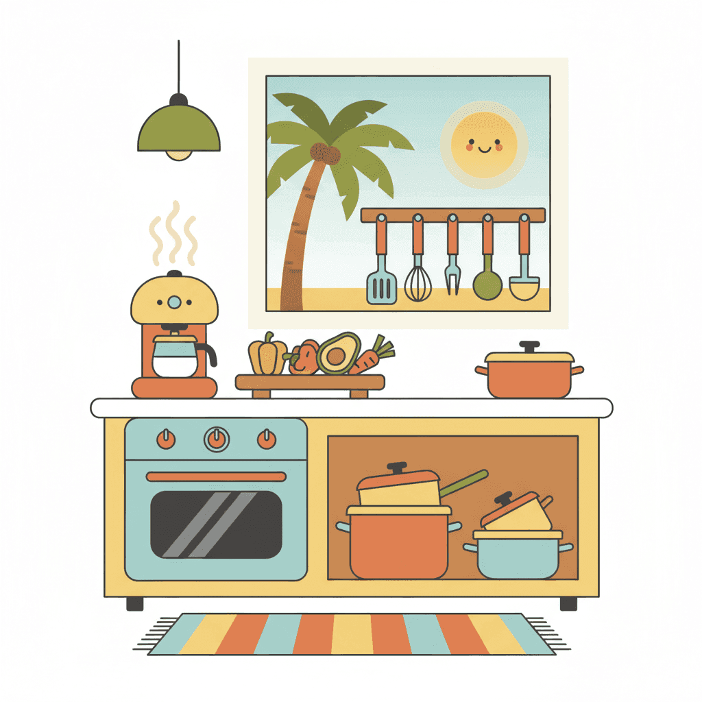 Ilustración plana de una cocina de vivienda turística con utensilios, sartenes y electrodomésticos organizados