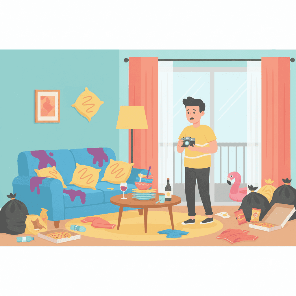 Ilustración de una vivienda turística desordenada tras el check-out con propietario evaluando daños