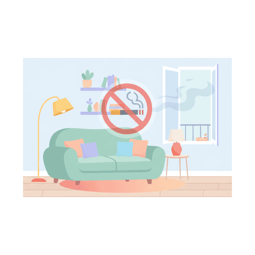 Ilustración de una vivienda turística con señal de prohibido fumar y humo saliendo por la ventana