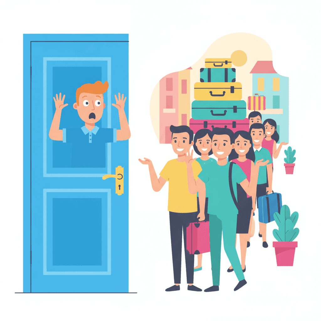Ilustración de una vivienda turística con huéspedes extra apareciendo por sorpresa