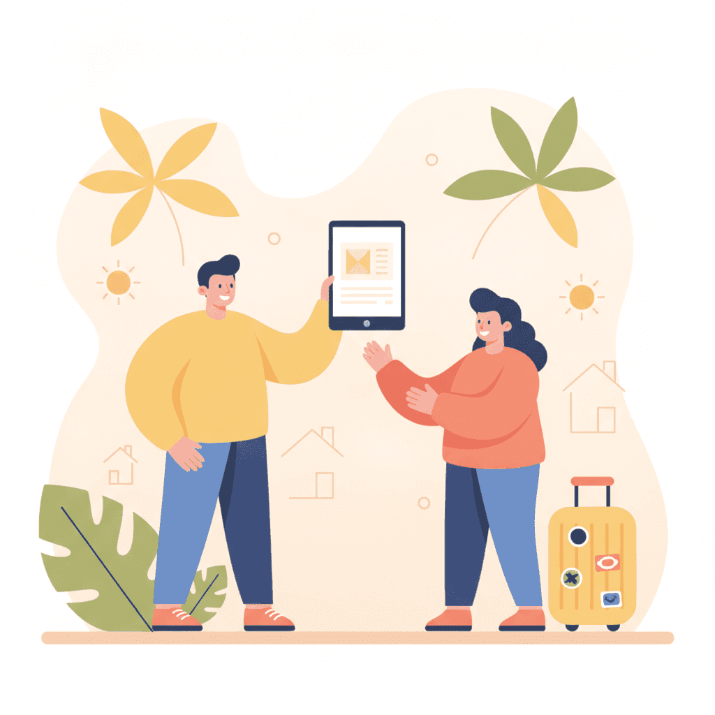Ilustración plana de un propietario emitiendo una factura digital para un huésped de vivienda turística