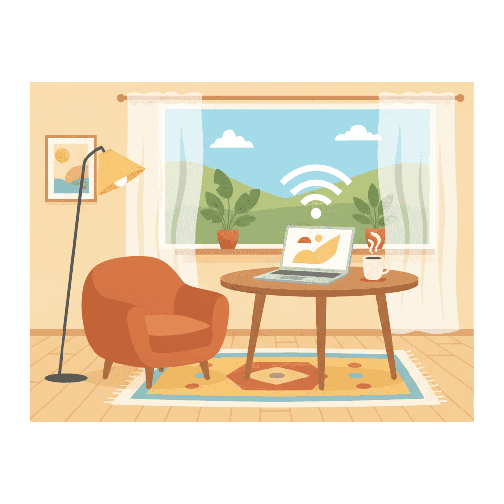 Ilustración plana de un portátil sobre una mesa de comedor en una vivienda turística con buena luz natural y una taza de café al lado