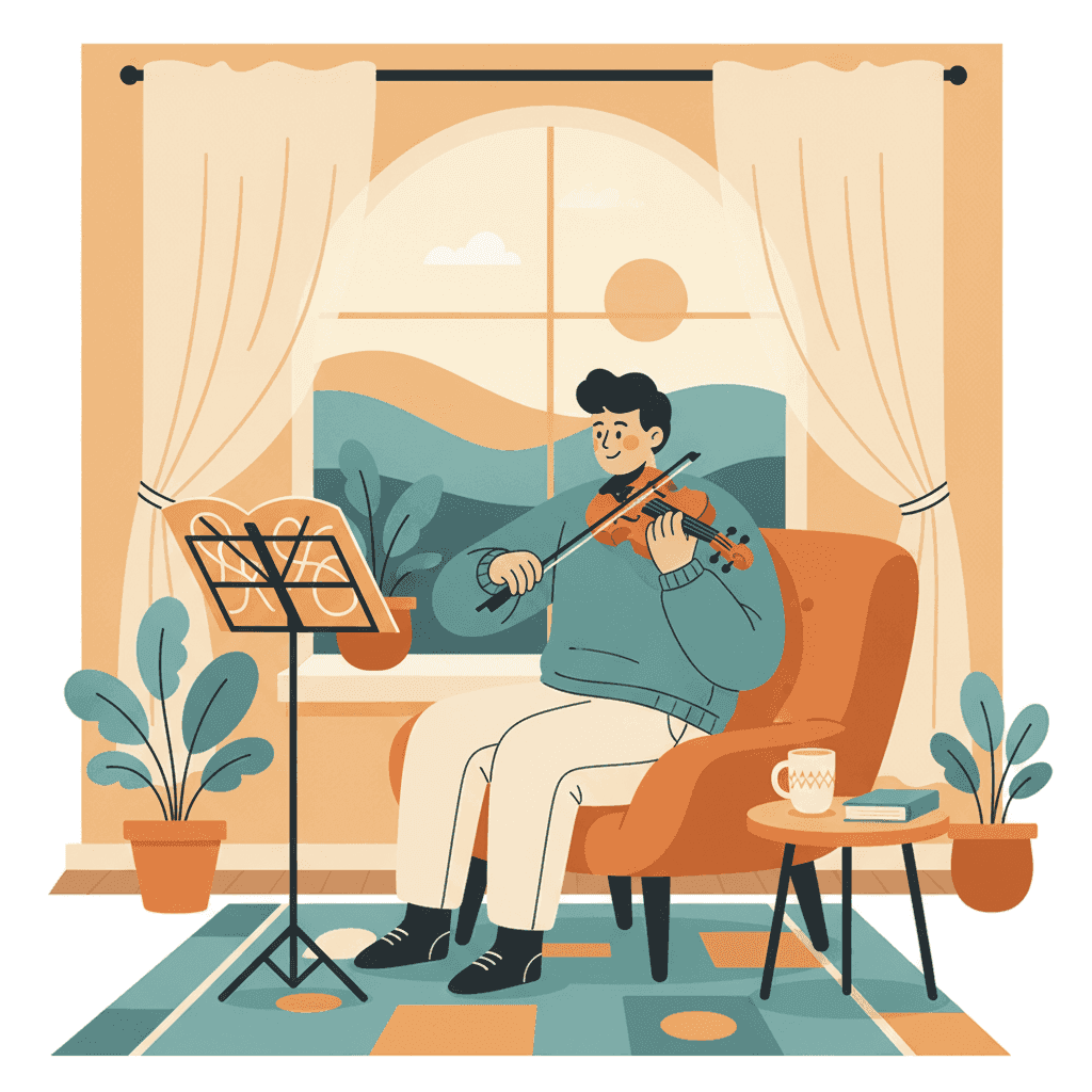 Ilustración vectorial plana de un piso turístico con un violinista ensayando junto a una ventana, atril de partituras y un vecino sonriendo al otro lado de la pared