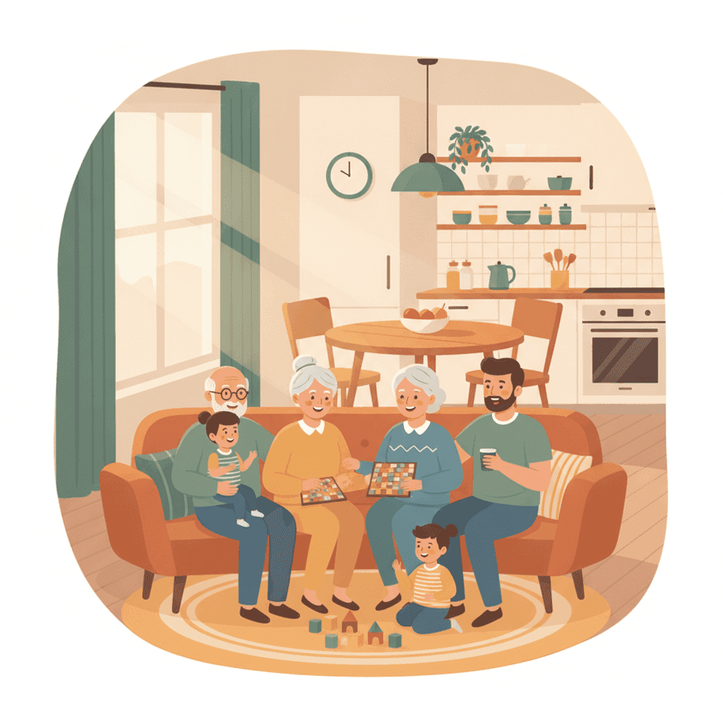 Ilustración de una familia multigeneracional con abuelos, padres y niños disfrutando de una vivienda turística