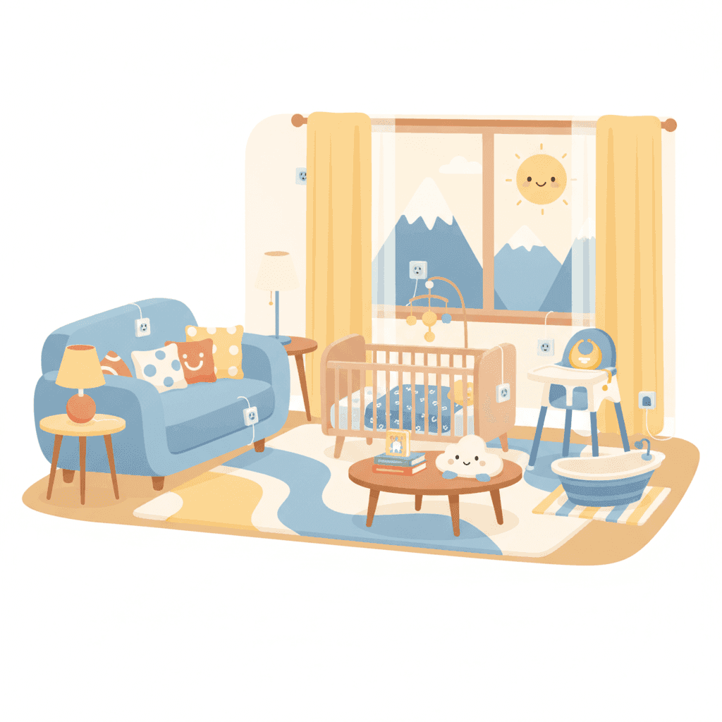 Ilustración de una vivienda turística preparada para familias con bebés, con cuna, trona y elementos de seguridad