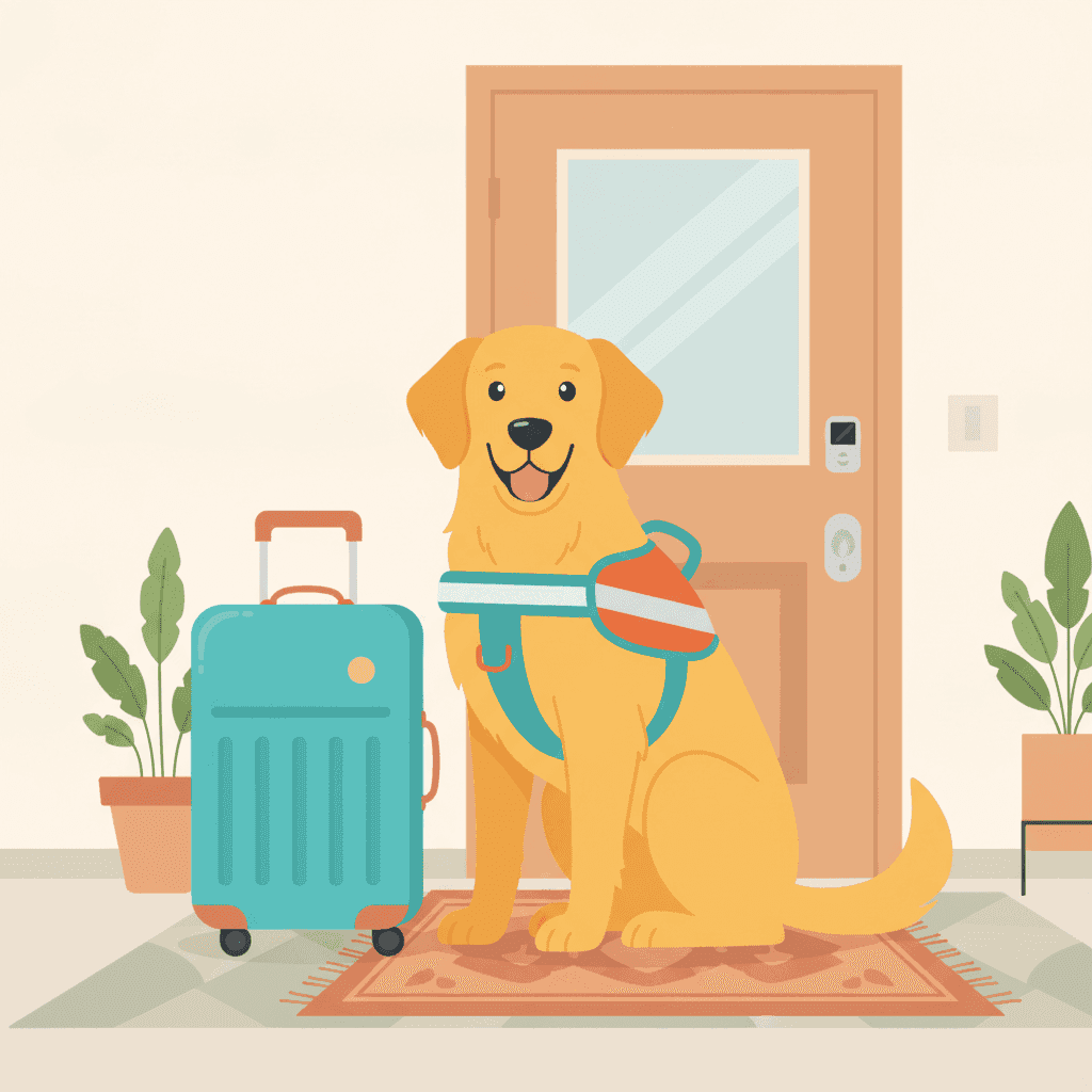 Ilustración de un perro de asistencia con arnés identificativo junto a una maleta en la puerta de un apartamento turístico