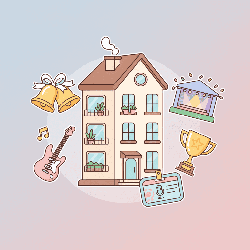 Ilustración de una vivienda turística rodeada de iconos de bodas, conciertos y festivales con huéspedes llegando