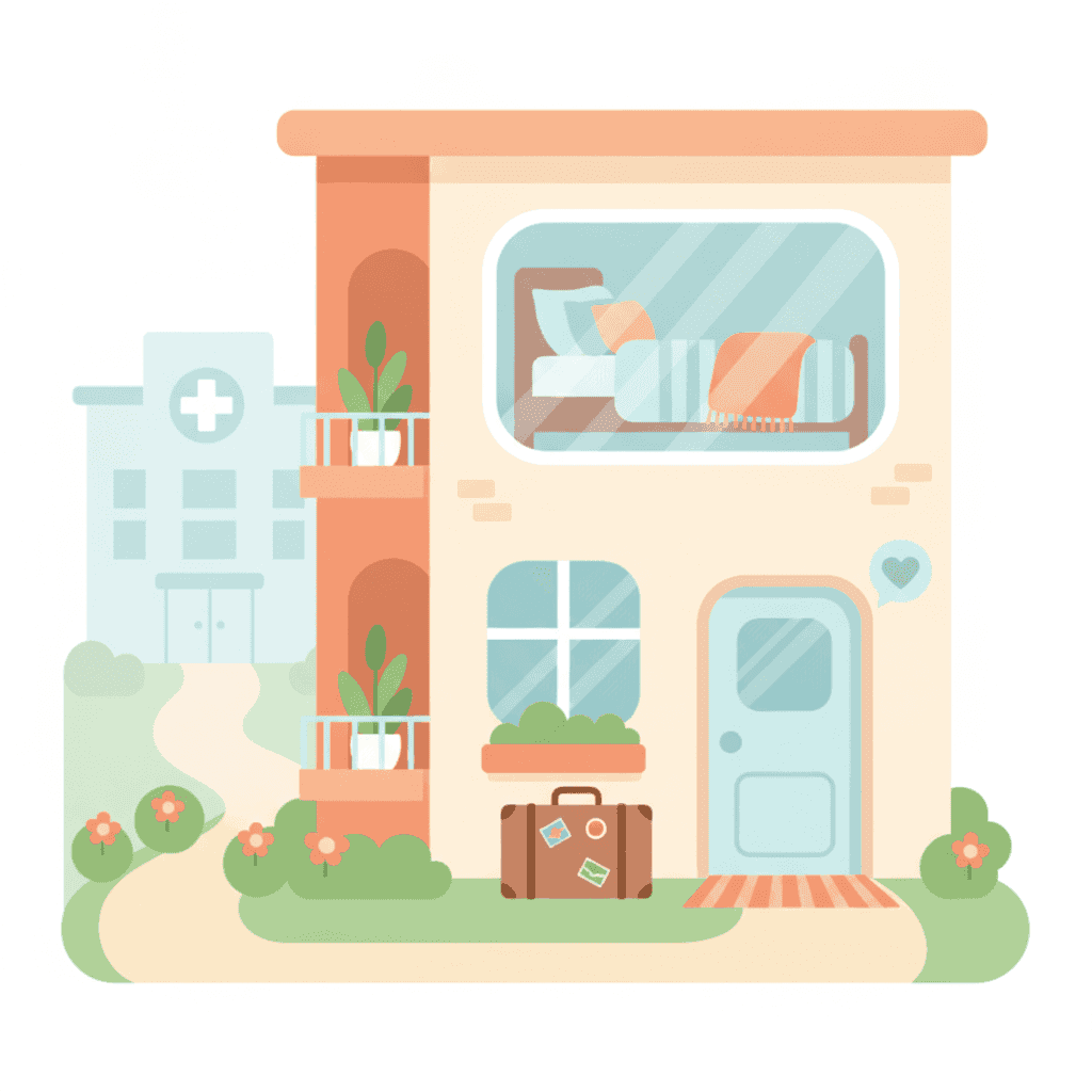 Ilustración vectorial plana de una vivienda turística acogedora cerca de un hospital, con elementos como cama cómoda, maleta y un corazón, en estilo fun SaaS