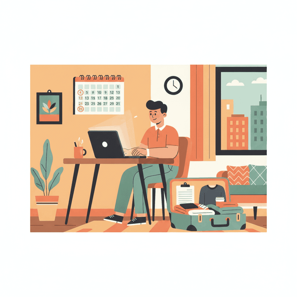 Ilustración plana de un piso turístico con un trabajador trabajando en el portátil, una maleta grande abierta y herramientas de trabajo, mostrando una estancia larga por trabajo