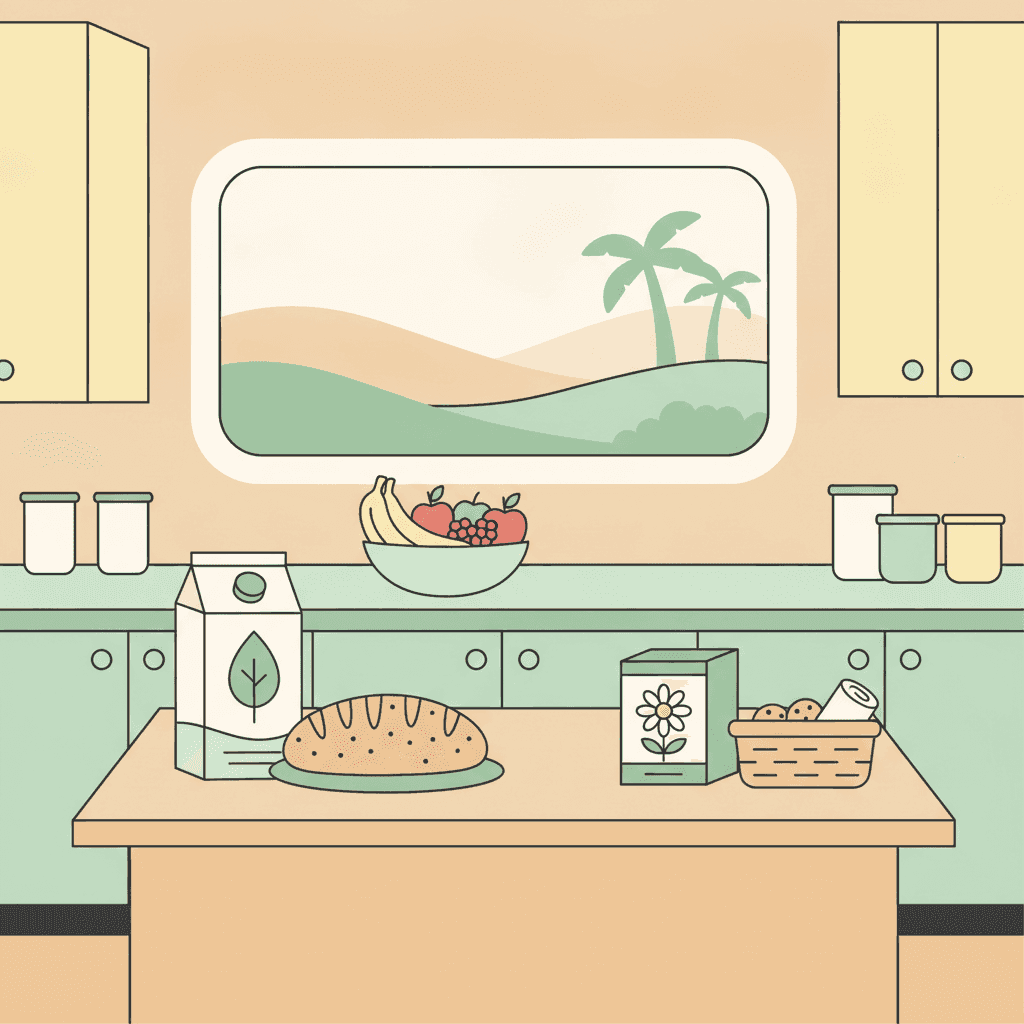 Ilustración plana de una cocina de vivienda turística con productos etiquetados como vegano, sin gluten y vegetariano