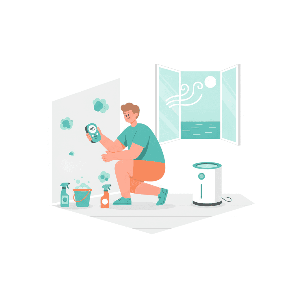 Ilustración plana de un propietario inspeccionando una pared con humedad y moho en una vivienda turística, con higrómetro y productos de limpieza