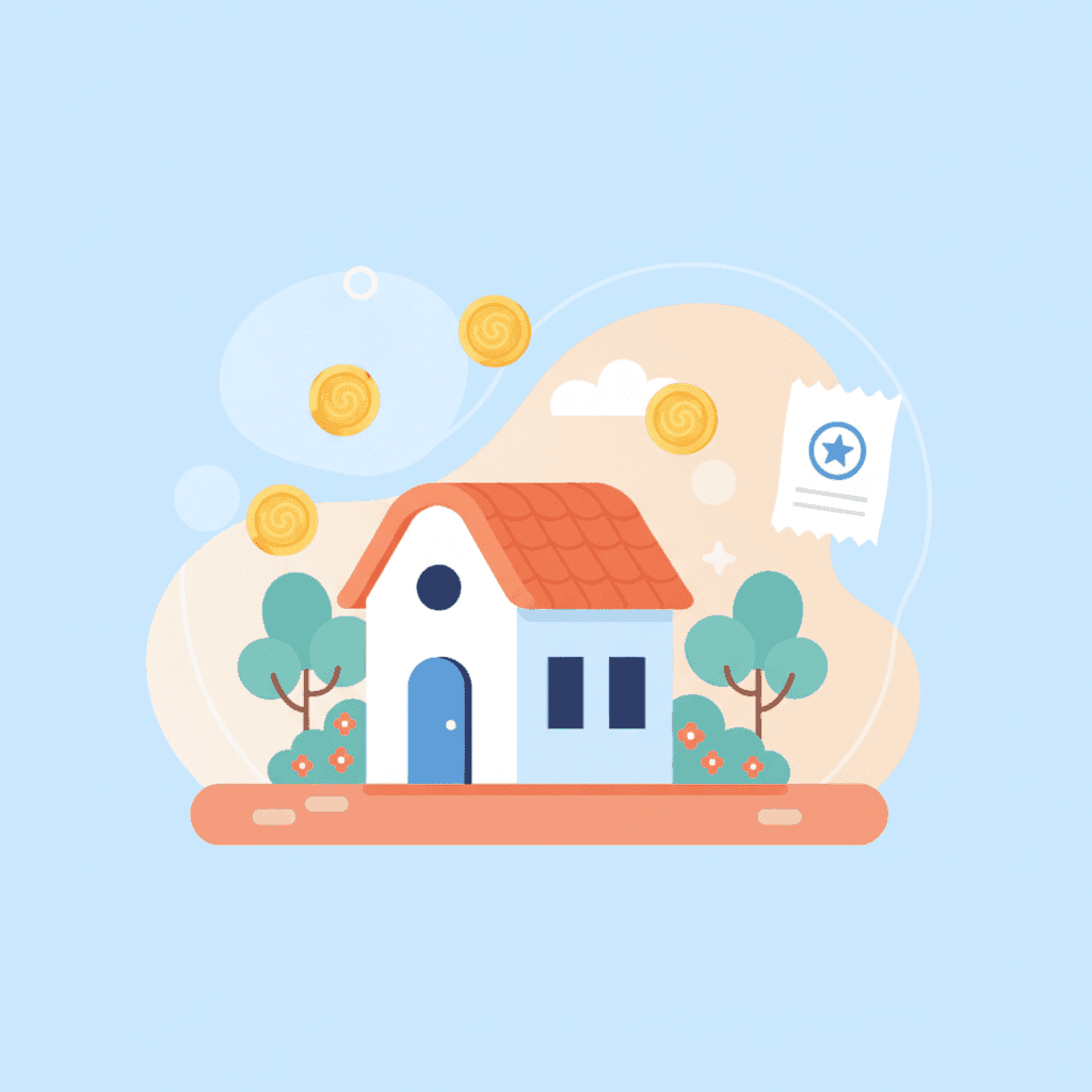 Ilustración de una casa vacacional con monedas y un sello de tasa turística