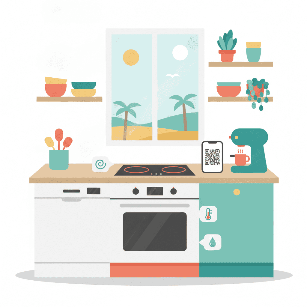 Flat illustration of a vacation rental kitchen with instruction cards next to each appliance