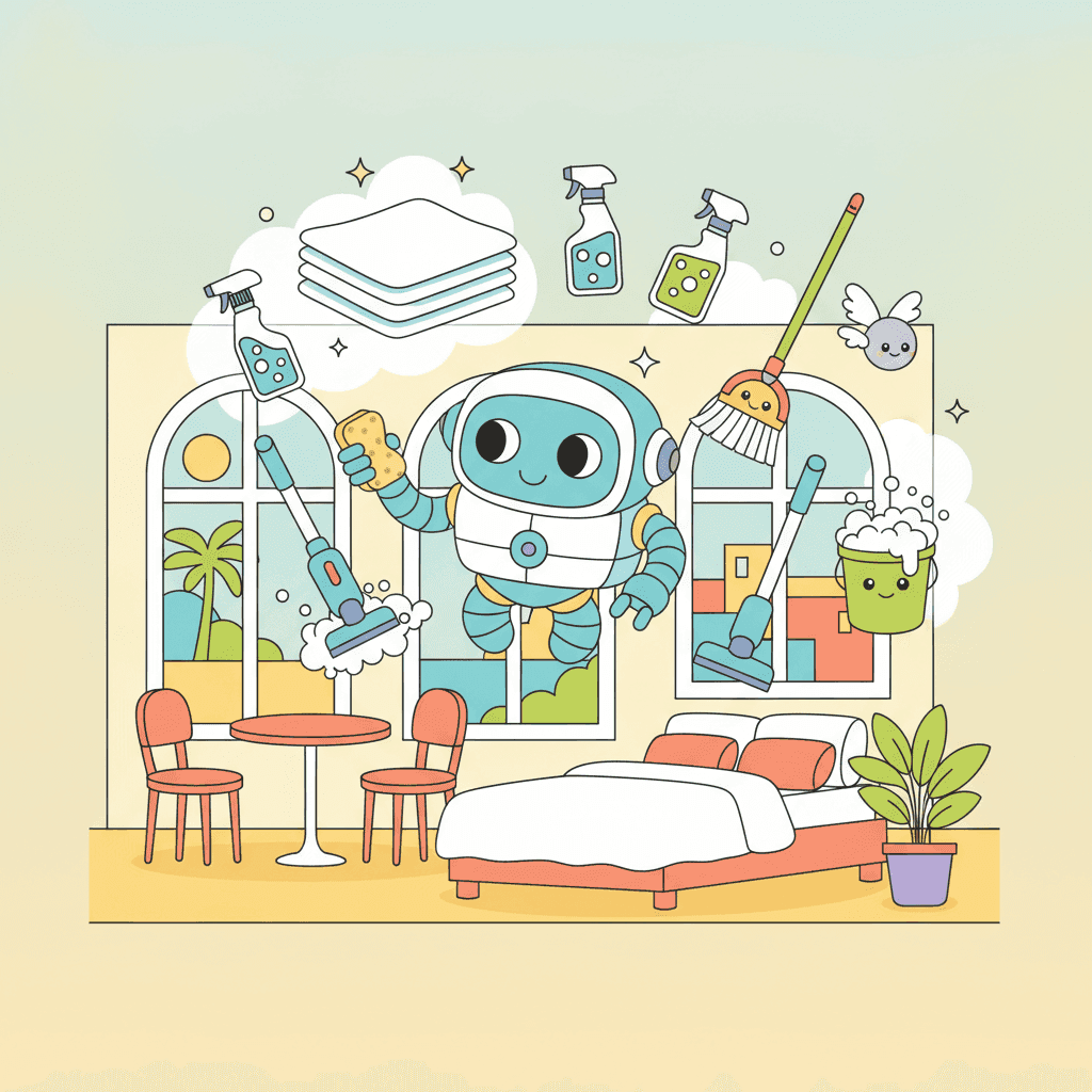 Ilustración vectorial plana de una vivienda turística siendo limpiada, con productos de limpieza y sábanas dobladas