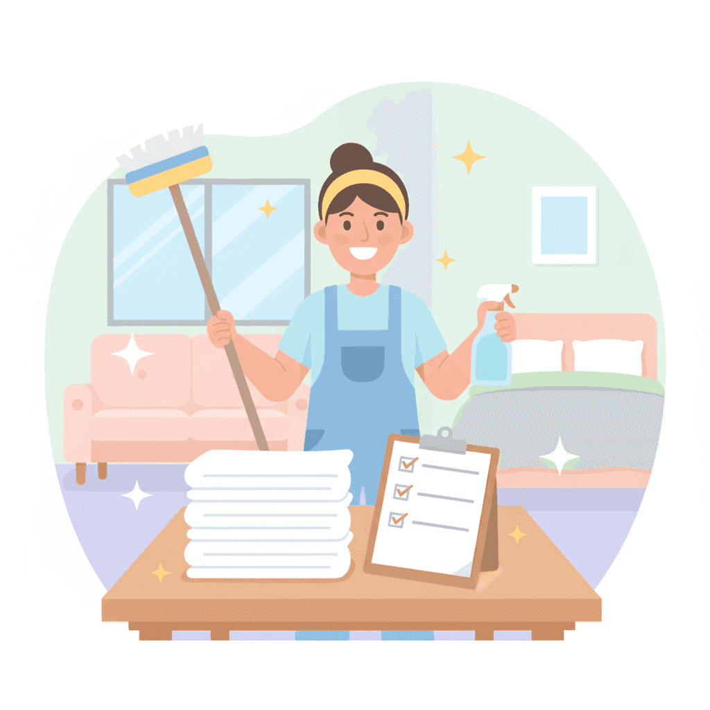 Flat illustration of a vacation rental being cleaned with products, folded sheets, and a checklist