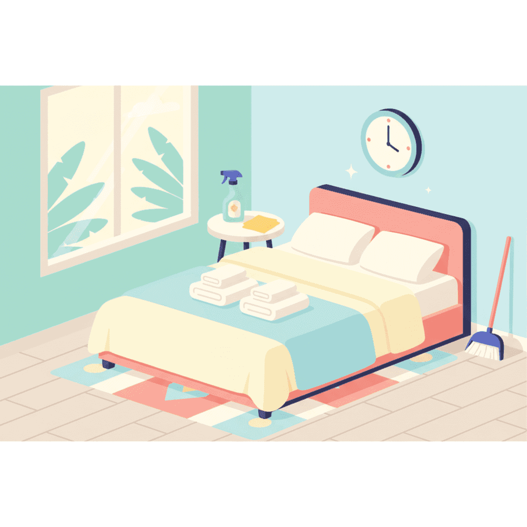 Ilustración plana de un piso turístico recién limpiado con sábanas dobladas, productos de limpieza y un reloj que marca el tiempo entre reservas