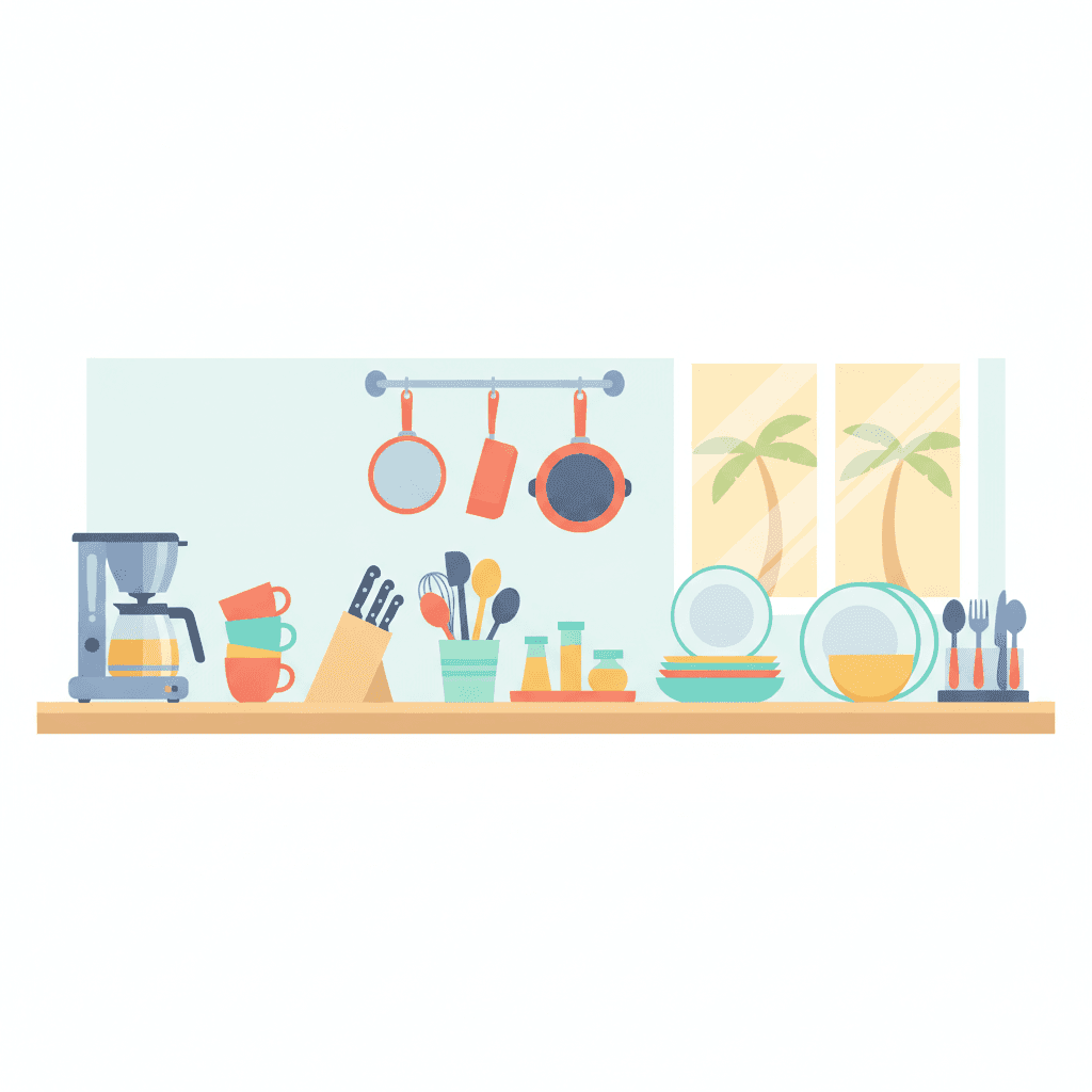 Ilustración plana de una cocina de vivienda turística equipada con utensilios, sartenes y cafetera