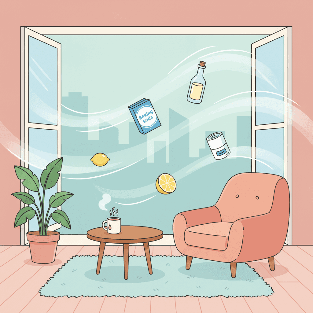 Ilustración de una vivienda turística con ventanas abiertas, ondas de aire fresco y elementos antiolor como bicarbonato y vinagre
