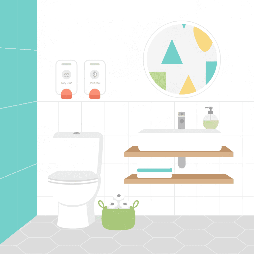 Ilustración plana de un baño de vivienda turística con dispensadores de gel y champú, rollos de papel higiénico ordenados en una cestita y toallas dobladas