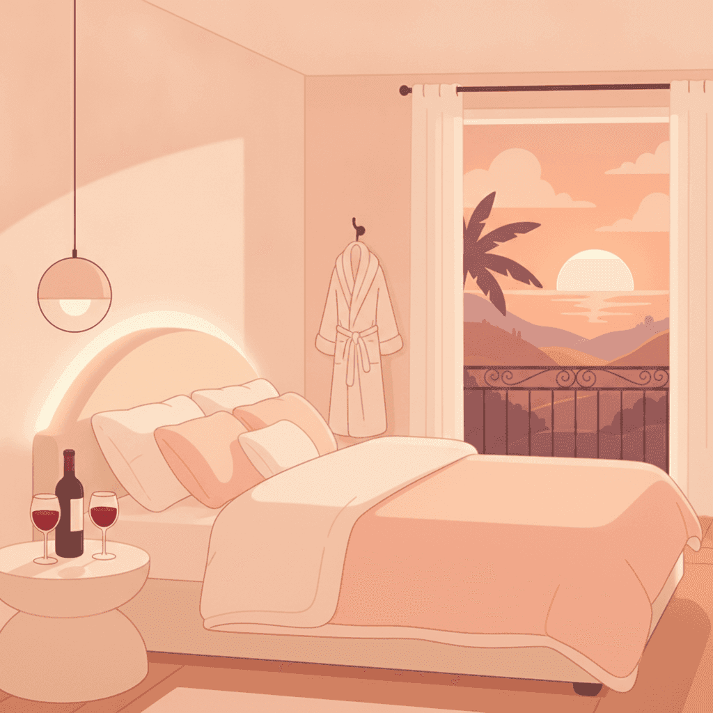 Ilustración de un dormitorio romántico en una vivienda turística con cama grande, luz cálida y detalles para parejas