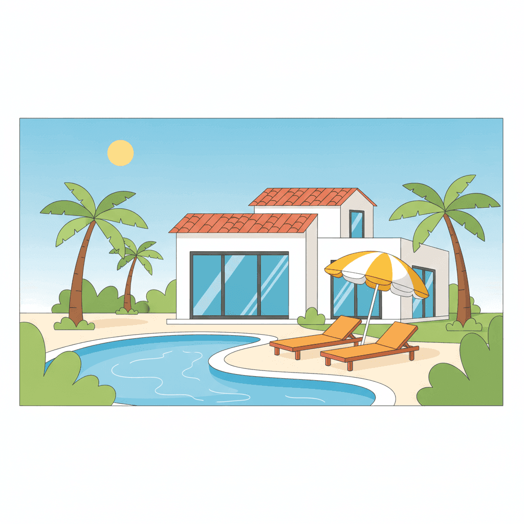 Ilustración plana de una vivienda turística con piscina, tumbonas y sombrilla en un jardín soleado