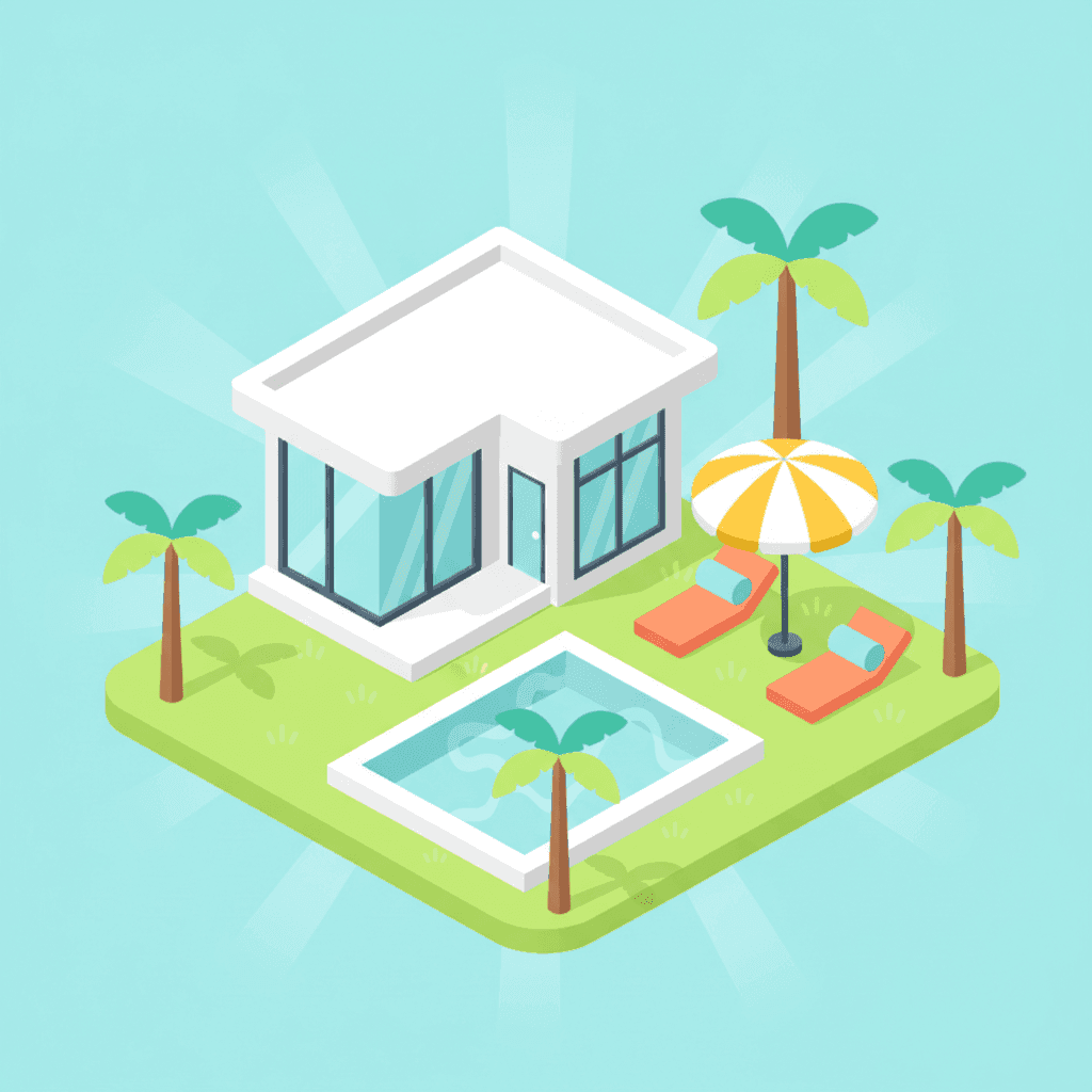 Ilustración plana de una vivienda turística con piscina, tumbonas y sombrillas en estilo vector colorido