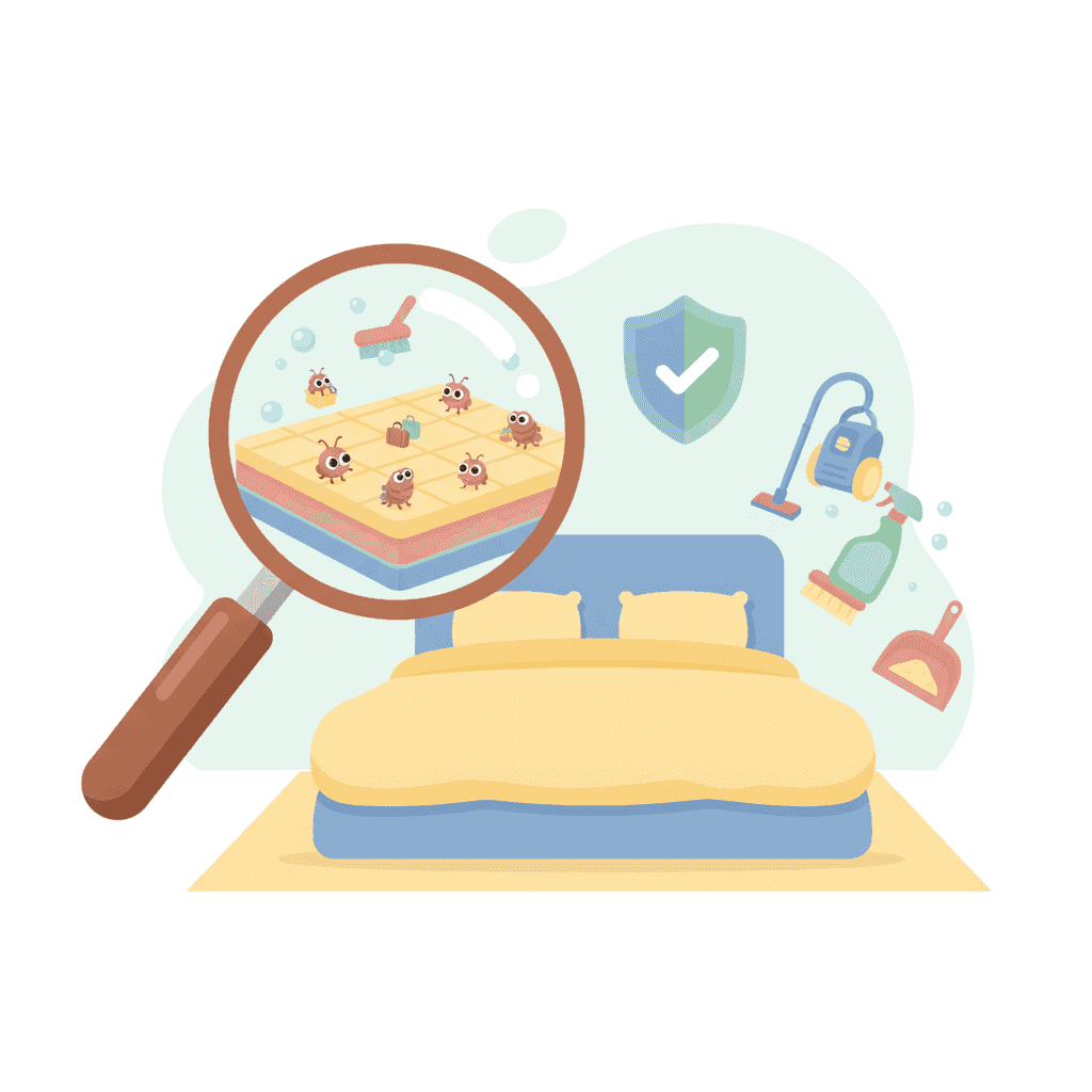 Flat illustration of a vacation home with a magnifying glass detecting insects and symbols of cleaning and prevention